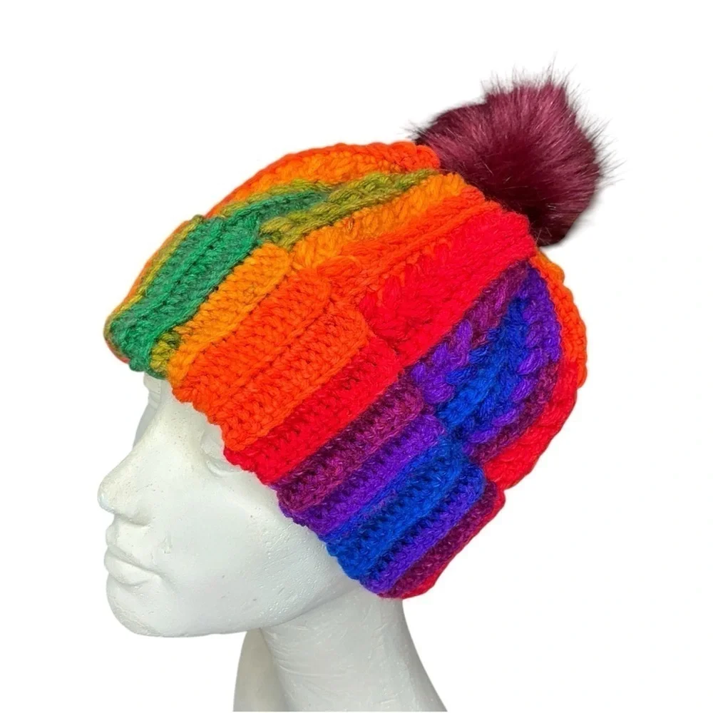 Handcrafted Crochet Multicolor Winter Hat Snowy Wheat Knit Beanie with Pom Pom